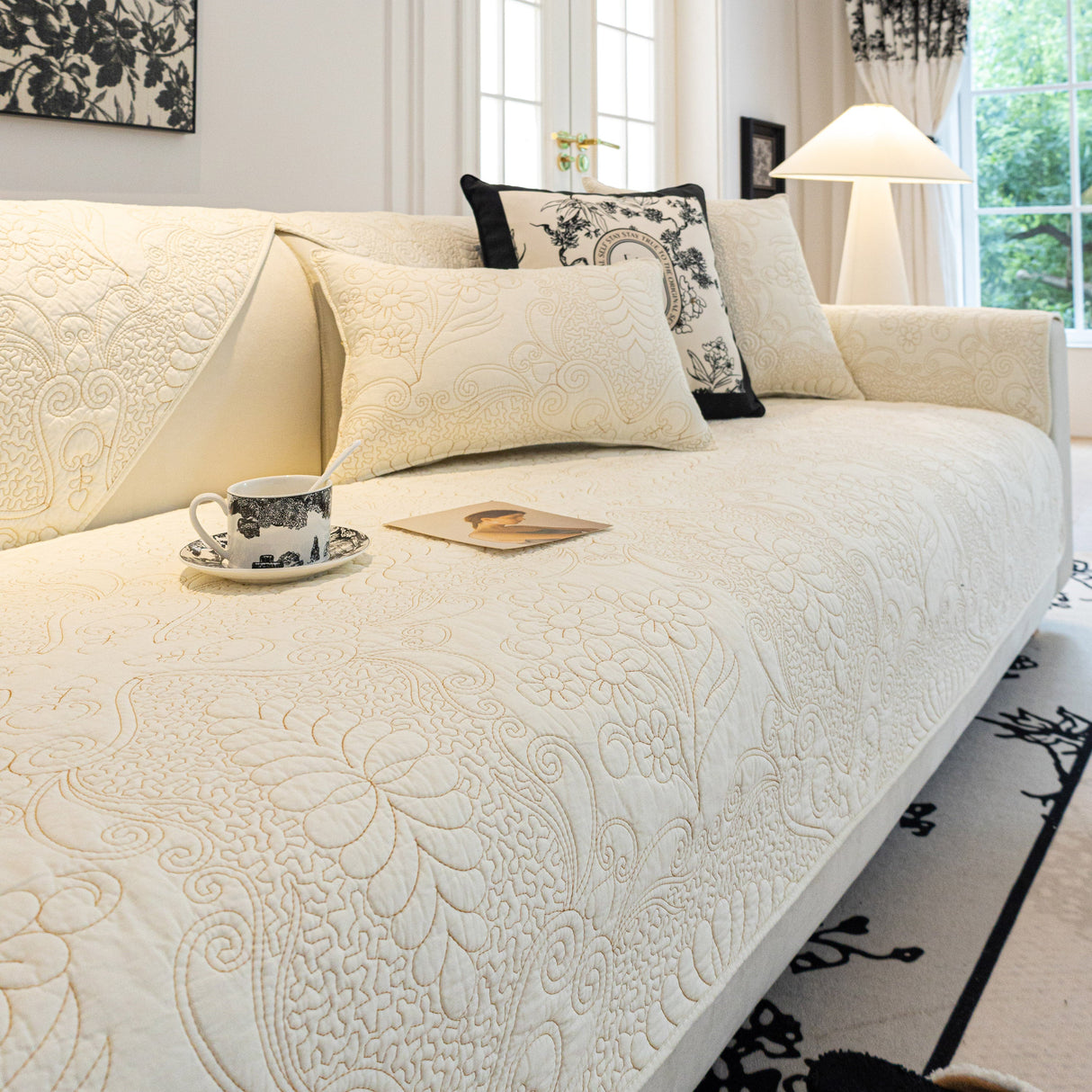 Baroque Floral Quilted Cotton Sofa Cover, Non-Slip Washable Couch Protector