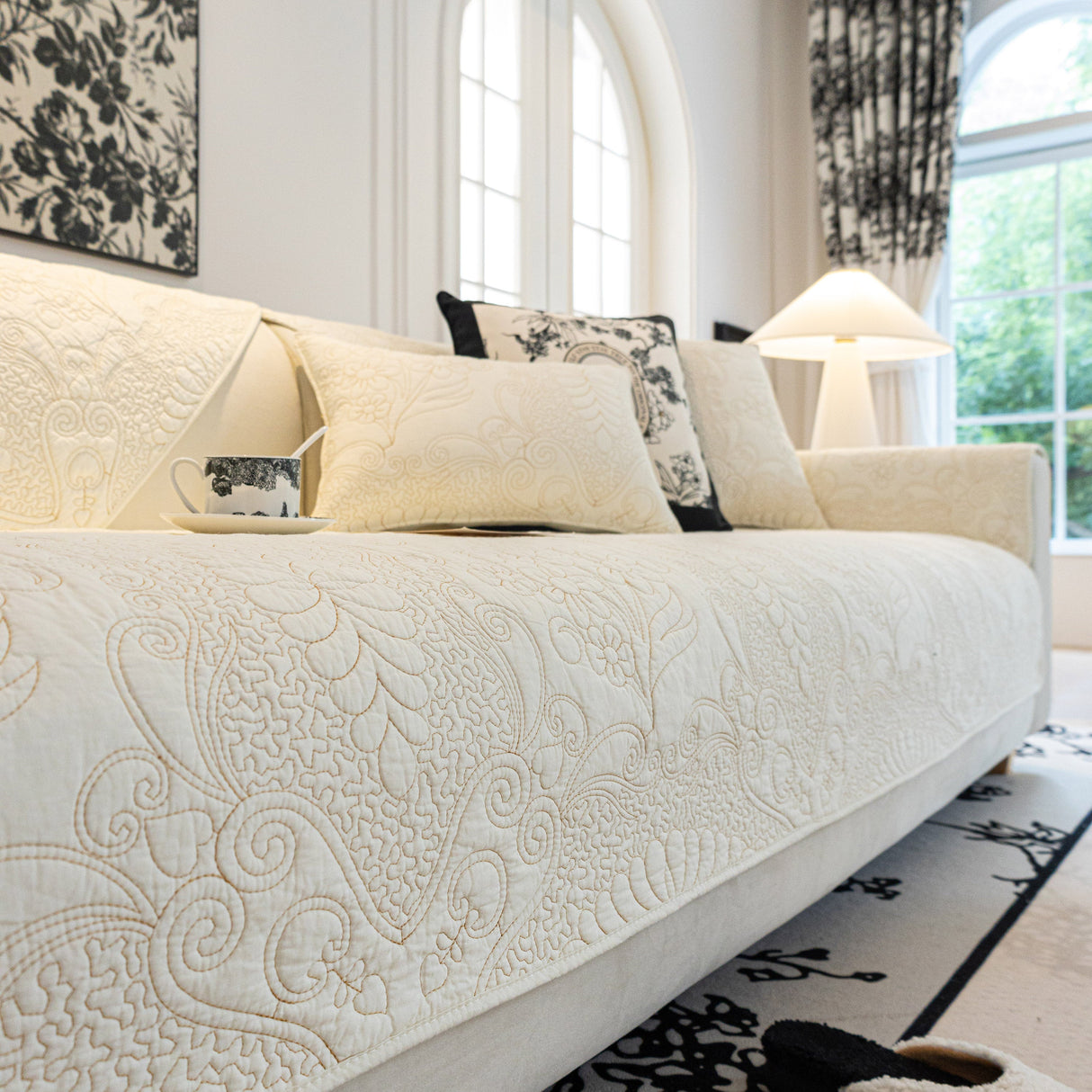 Baroque Floral Quilted Cotton Sofa Cover, Non-Slip Washable Couch Protector