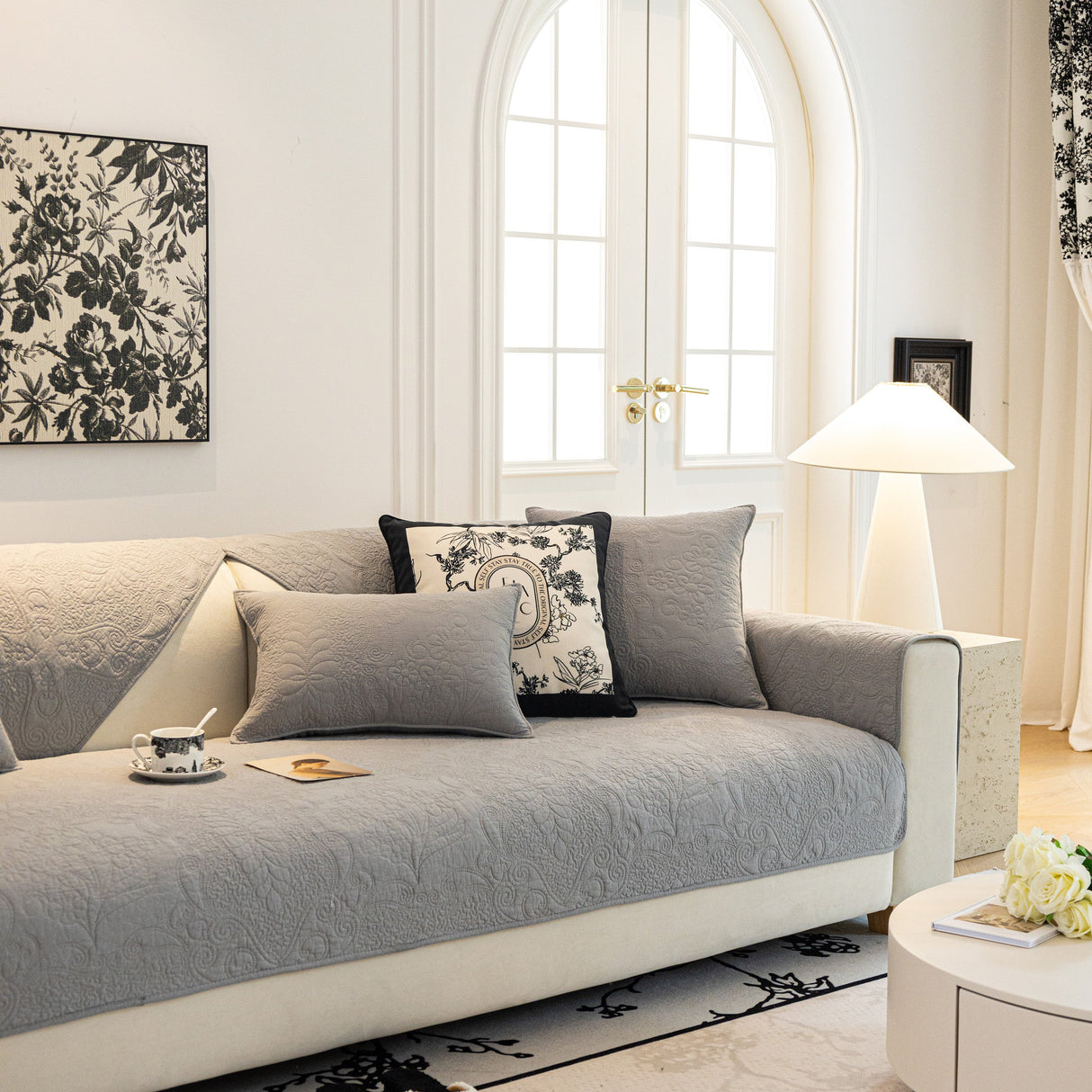 Baroque Floral Quilted Cotton Sofa Cover, Non-Slip Washable Couch Protector