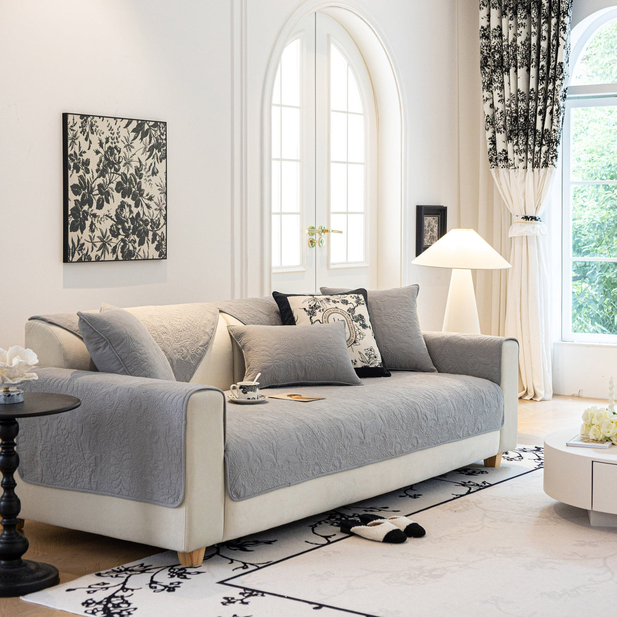 Baroque Floral Quilted Cotton Sofa Cover, Non-Slip Washable Couch Protector