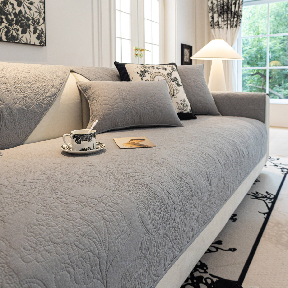 Baroque Floral Quilted Cotton Sofa Cover, Non-Slip Washable Couch Protector