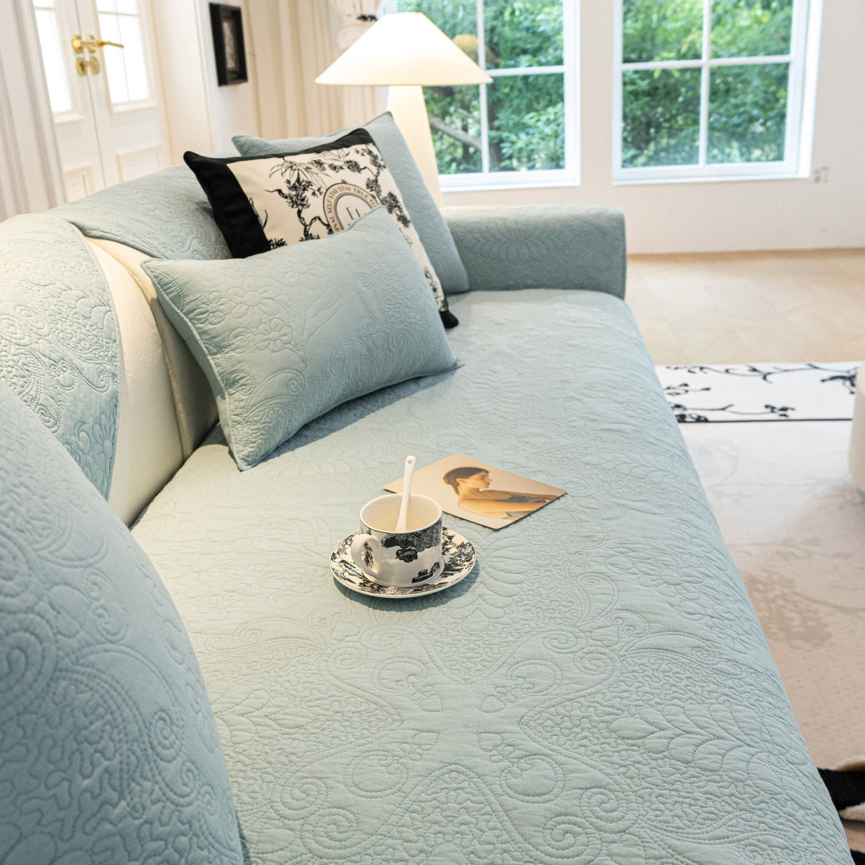 Baroque Floral Quilted Cotton Sofa Cover, Non-Slip Washable Couch Protector