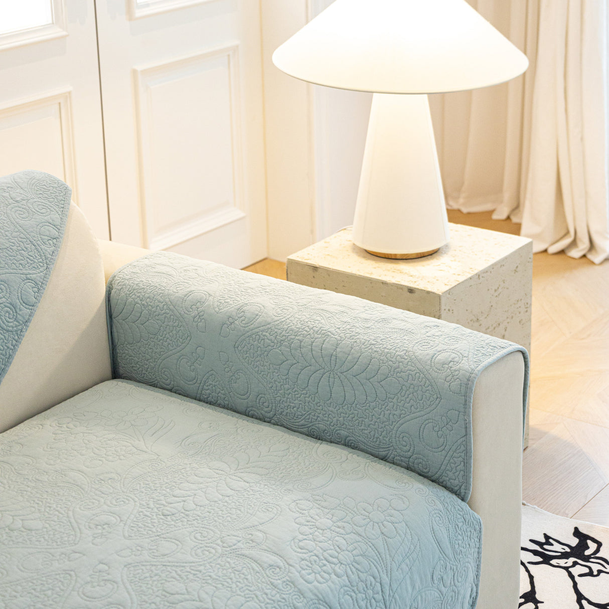 Baroque Floral Quilted Cotton Sofa Cover, Non-Slip Washable Couch Protector