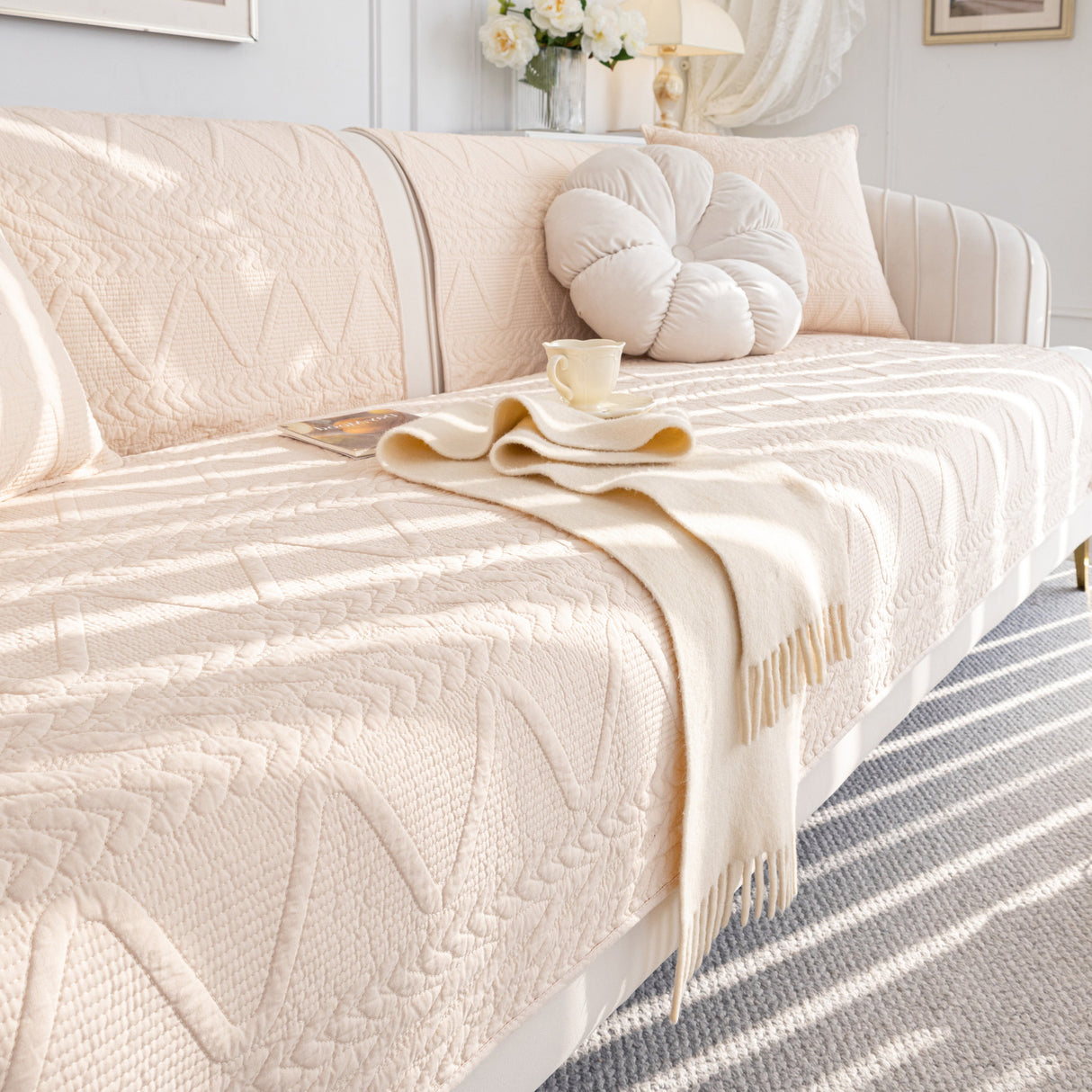 Geometric Textured Cotton Quilted Sofa Cover, Non-Slip Washable Couch Protector