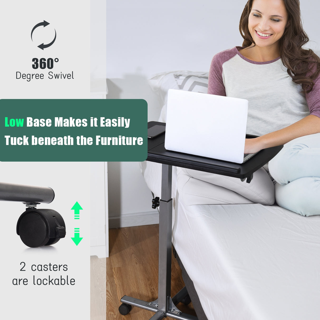 Adjustable Angle Height Rolling Laptop Table-Black
