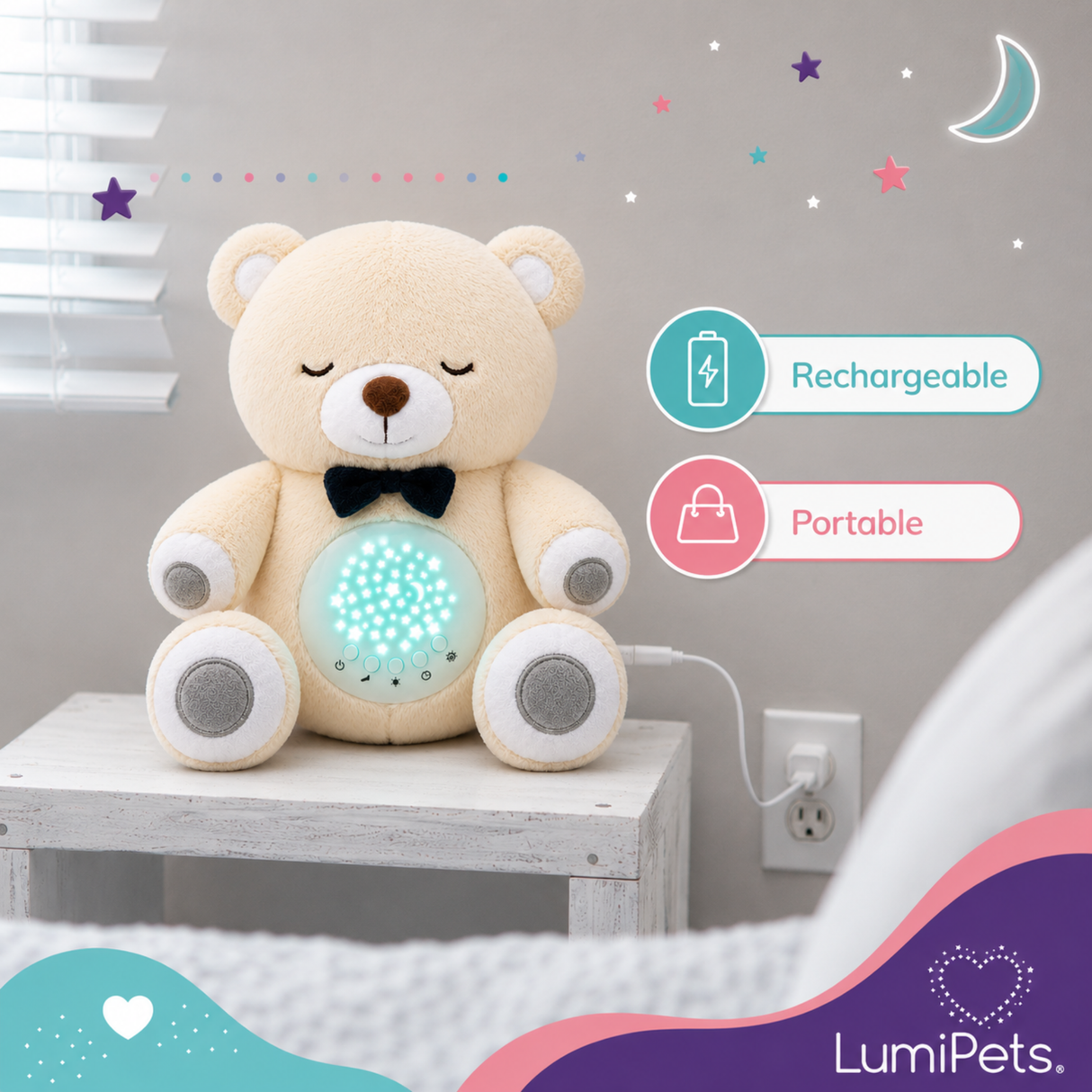 Lumipets Bear with Sound Nursery Night Light & Sound Soother for Babies