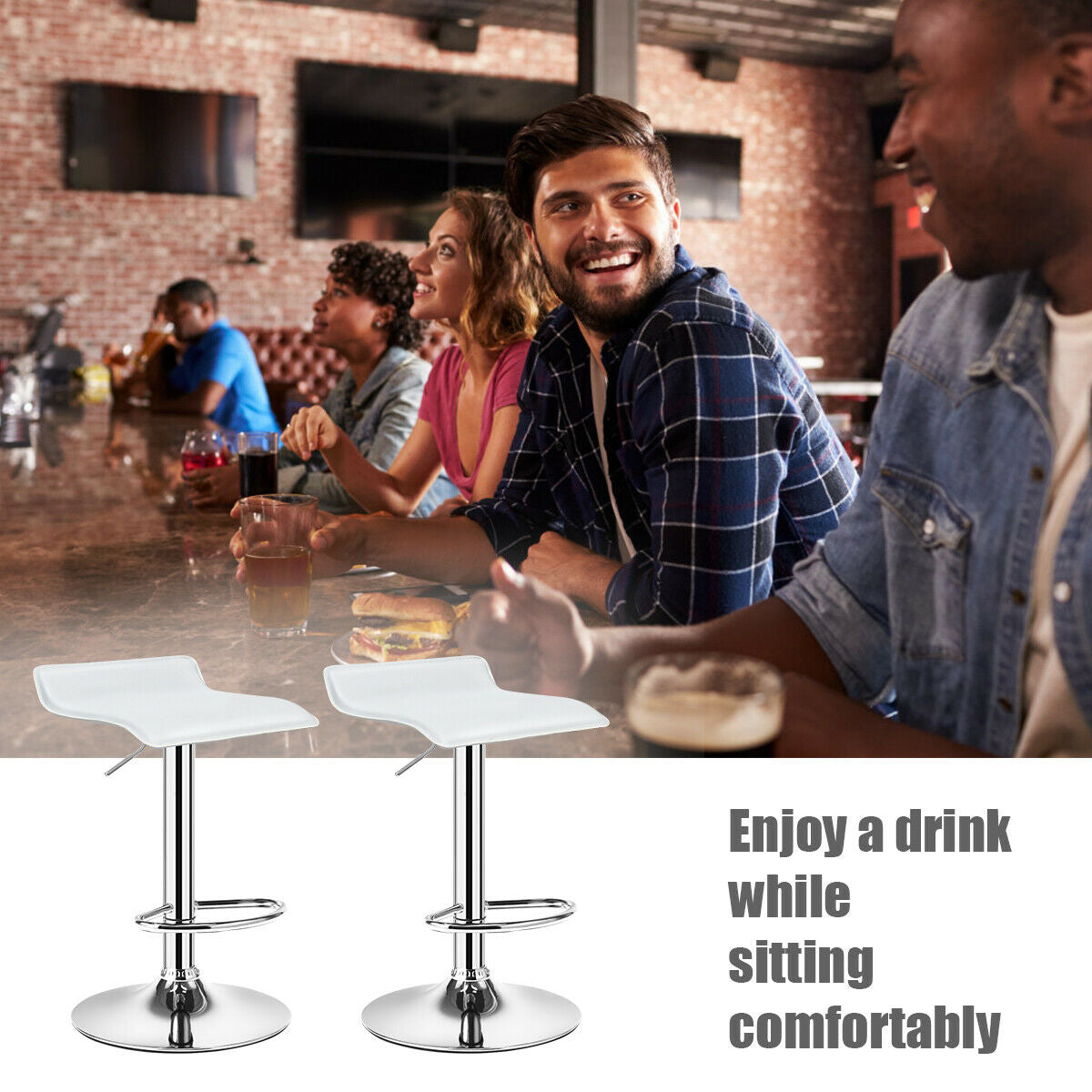 Set of 2 Adjustable PU Leather Backless Bar Stools-Black