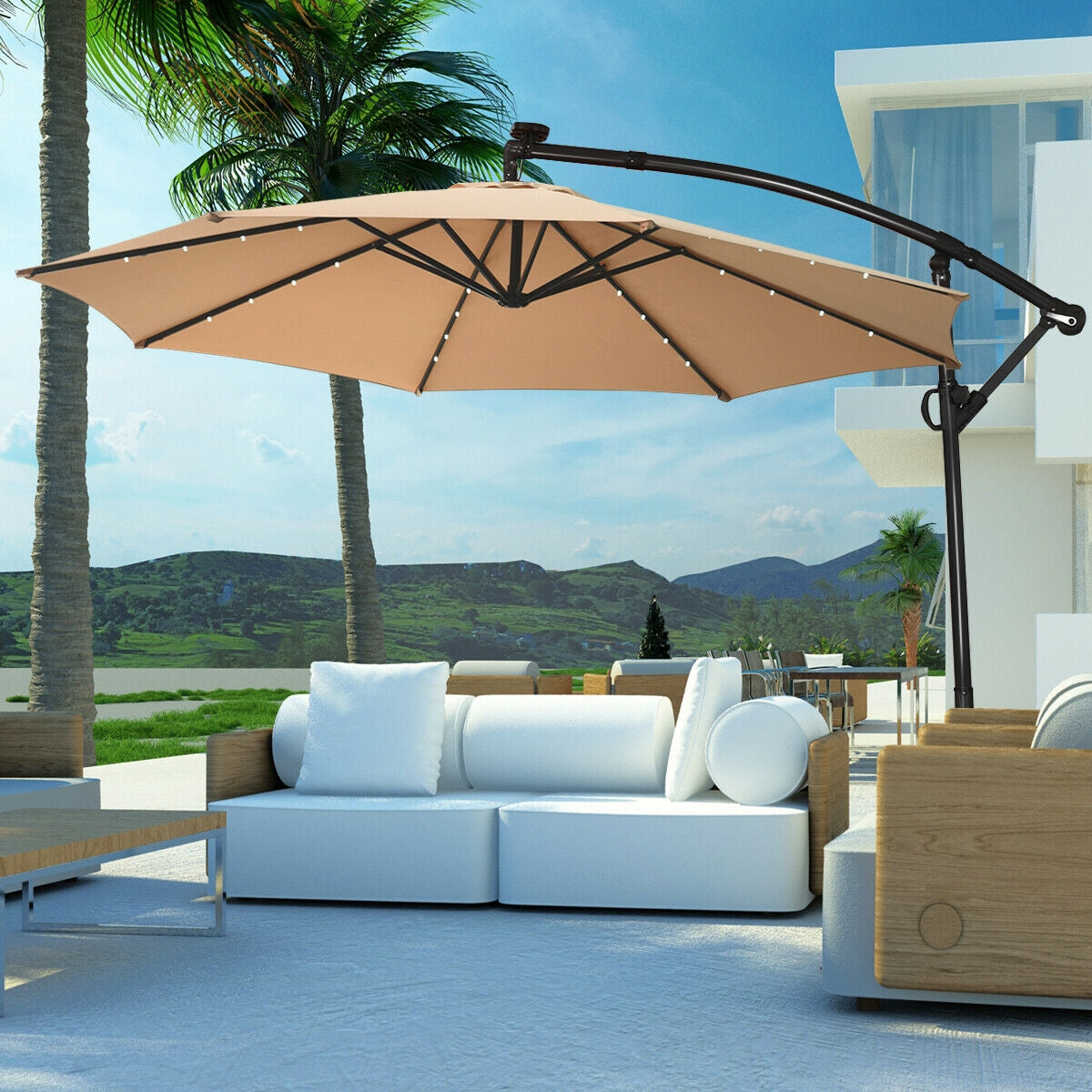 10 ft 360 ° Rotation Solar Powered LED Patio Offset Umbrella without Weight Base-Beige
