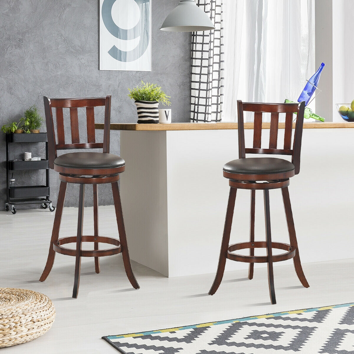2 Pieces 360 Degree Swivel Wooden Counter Height Bar Stool Set with Cushioned Seat-25 inches