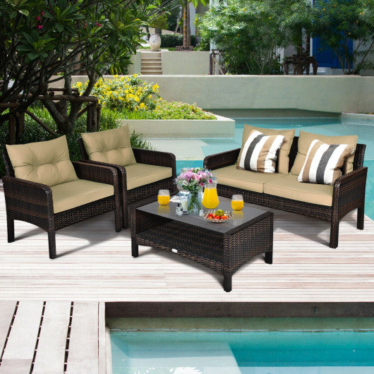 4 Pieces Outdoor Rattan Wicker Loveseat Furniture Set with Cushions-Coffee