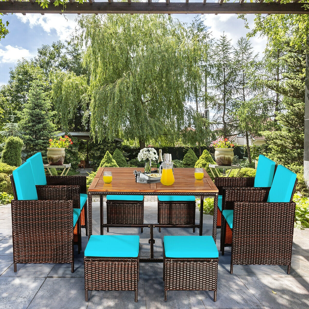 9 Pieces Patio Rattan Dining Cushioned Chairs Set-Red