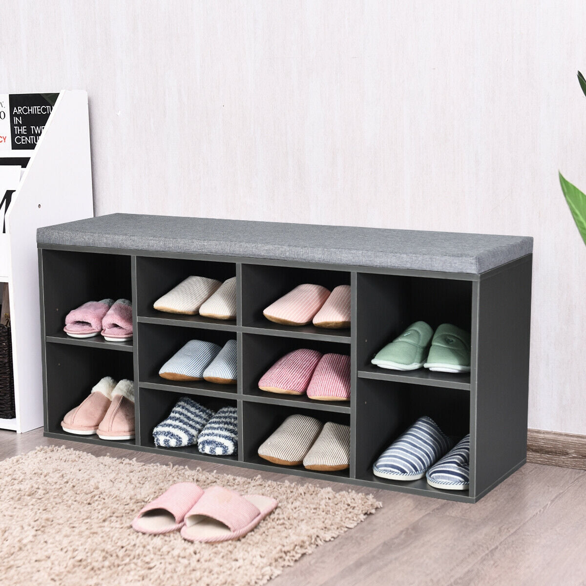 10-Cube Organizer Shoe Storage Bench with Cushion for Entryway-Gray by DirectDeals