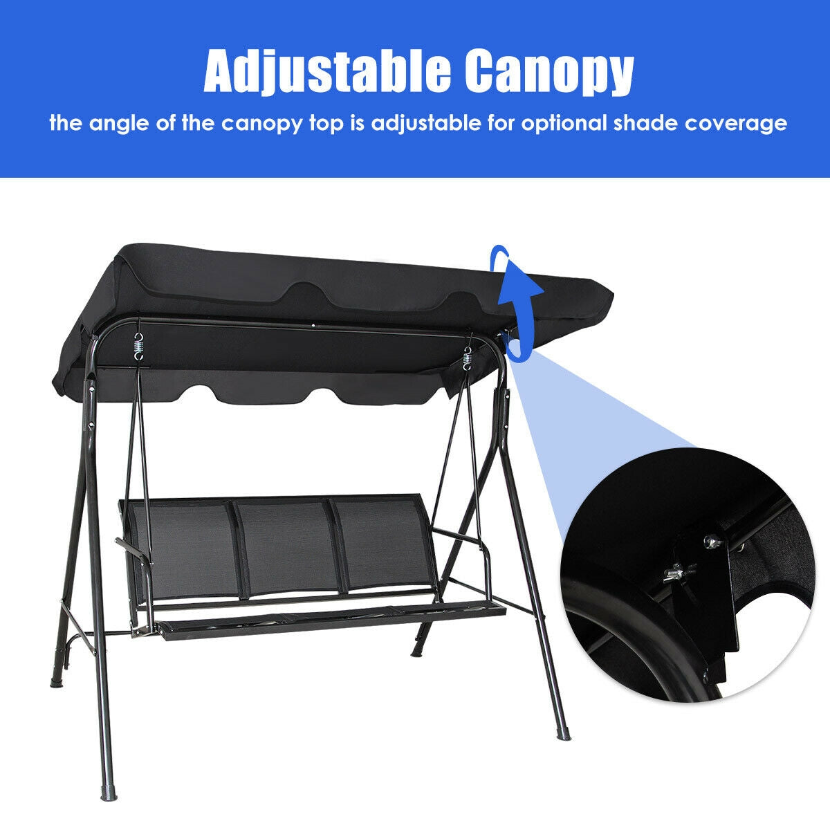 3 Person Steel Frame Patio Swing with Polyester Angle and Adjustable Canopy-Brown