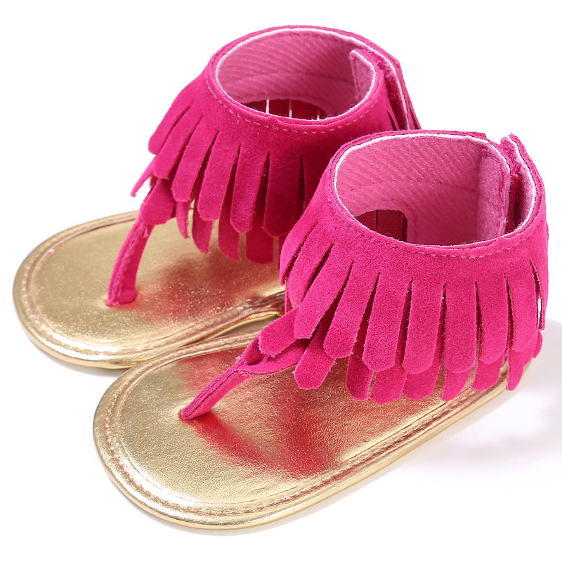 Baby Summer Newborn 0-18M Infant Baby Girls Children's Sandals Summer New Retro Tassel Flannel Baby Shoes Solid Non-slip