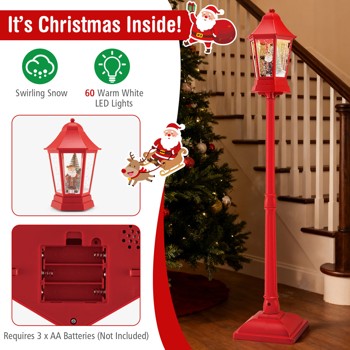 5.3 Feet Musical Christmas Street Lamp with 60 Warm White LED Lights-Red