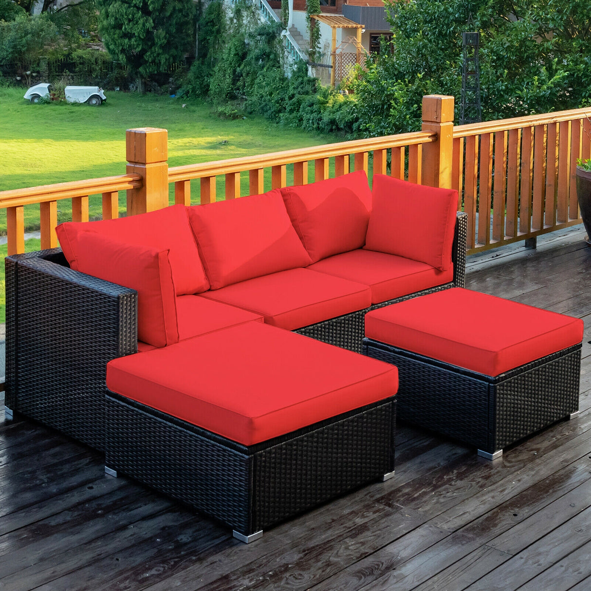 5 Pieces Patio Rattan Sectional Conversation Ottoman Furniture Set-Blue
