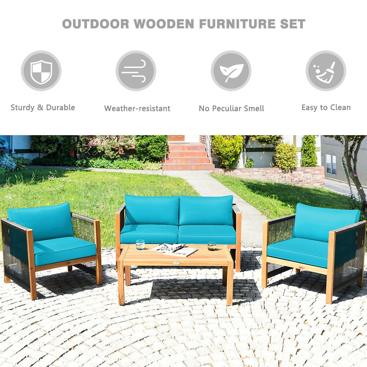 4 Pieces Acacia Wood Outdoor Patio Furniture Set with Cushions-Gray