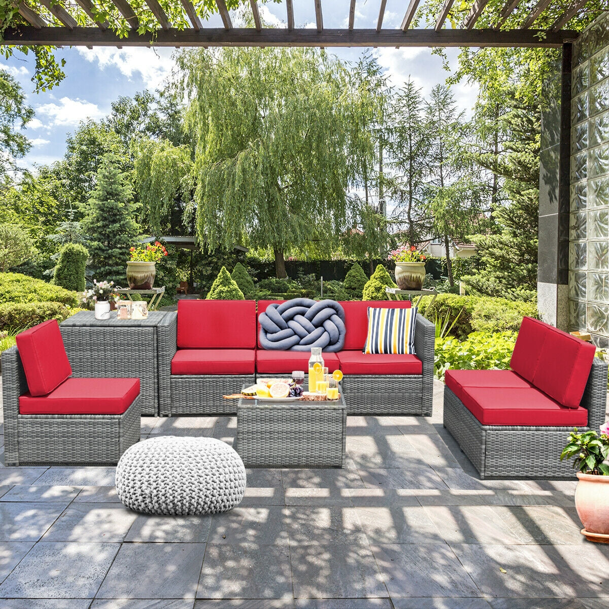 8 Pieces Wicker Sofa Rattan Dining Set Patio Furniture with Storage Table-Gray