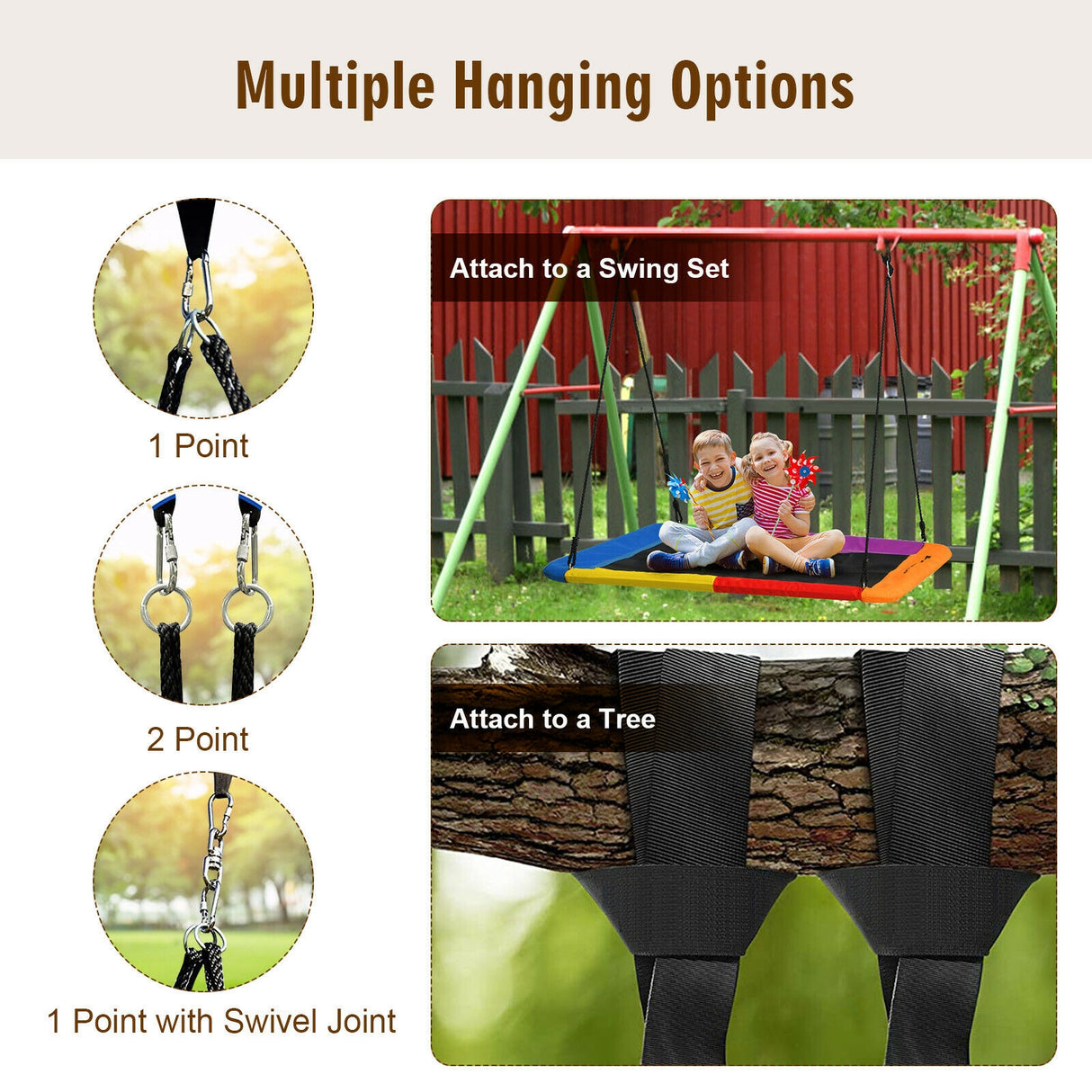 60 Inches Platform Tree Swing Outdoor with 2 Hanging Straps-Multicolor