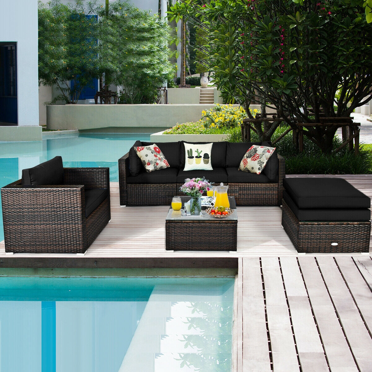 6 Pcs Patio Rattan Furniture Set with Sectional Cushion-Blue