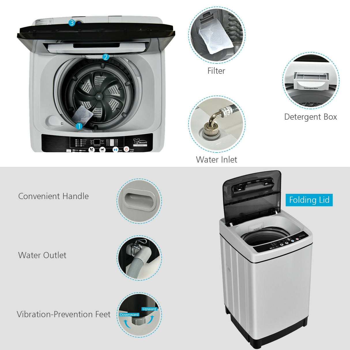 Full-Automatic Washing Machine 1.5 Cubic Feet 11 LBS Washer and Dryer-Gray