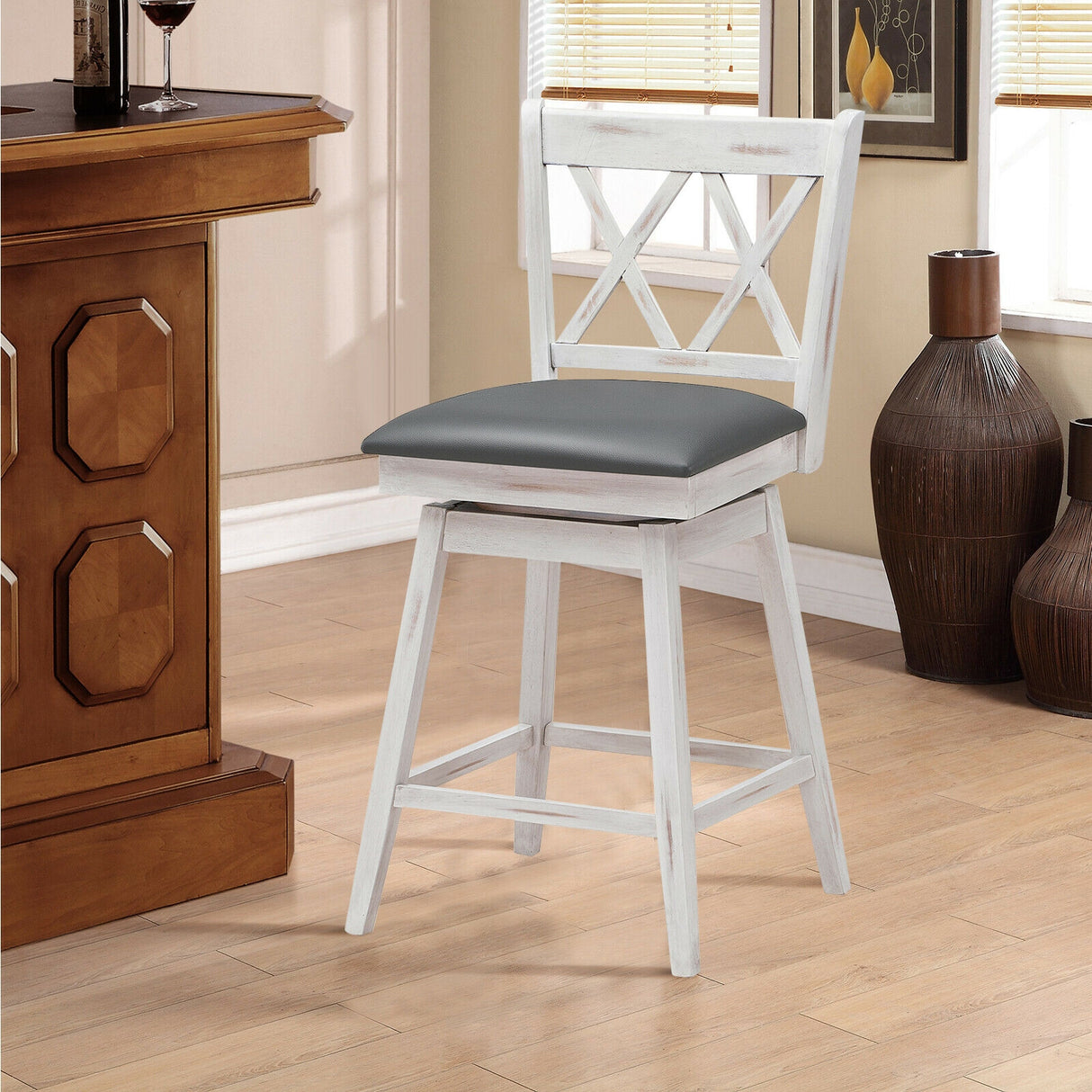 2 Pieces 24 Inch Swivel Counter Height Barstool Set with Rubber Wood Legs-Black
