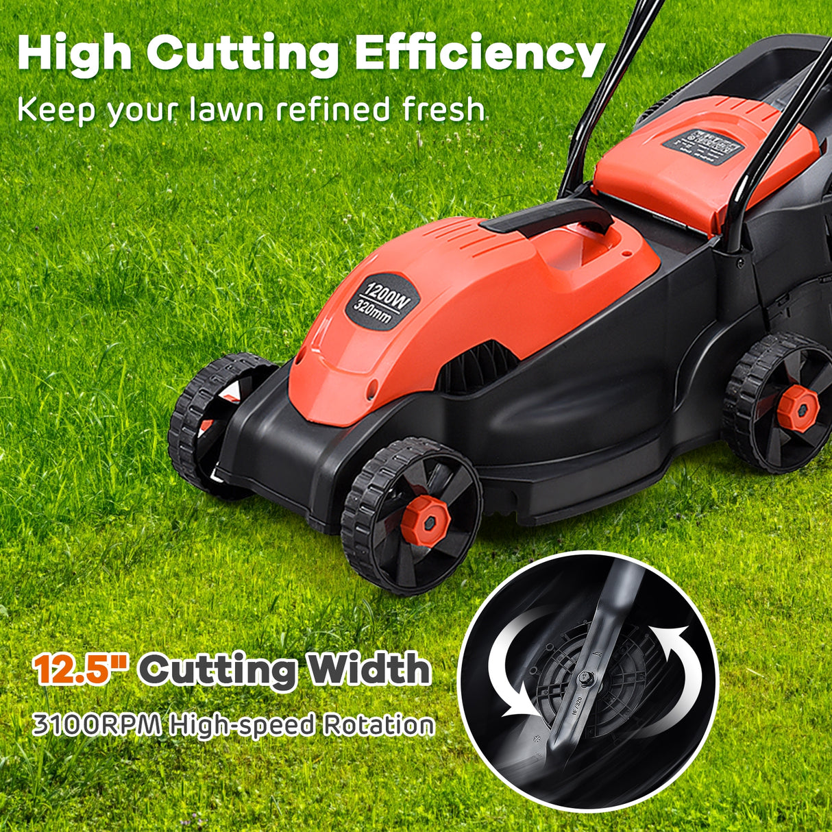 13 Inch Electric Push Lawn Corded Mower with Grass Bag-Green