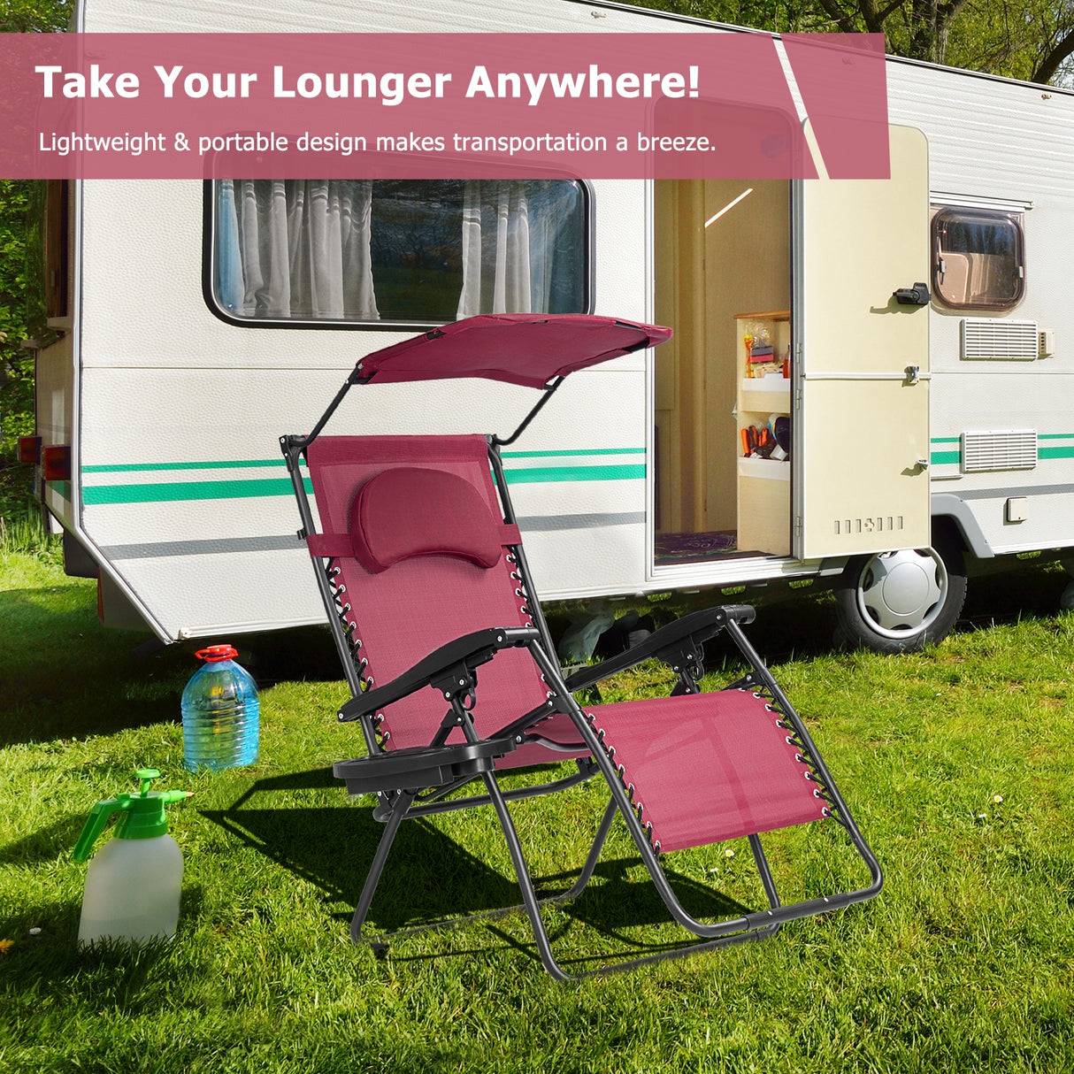 Folding Recliner Lounge Chair with Shade Canopy Cup Holder-Brown
