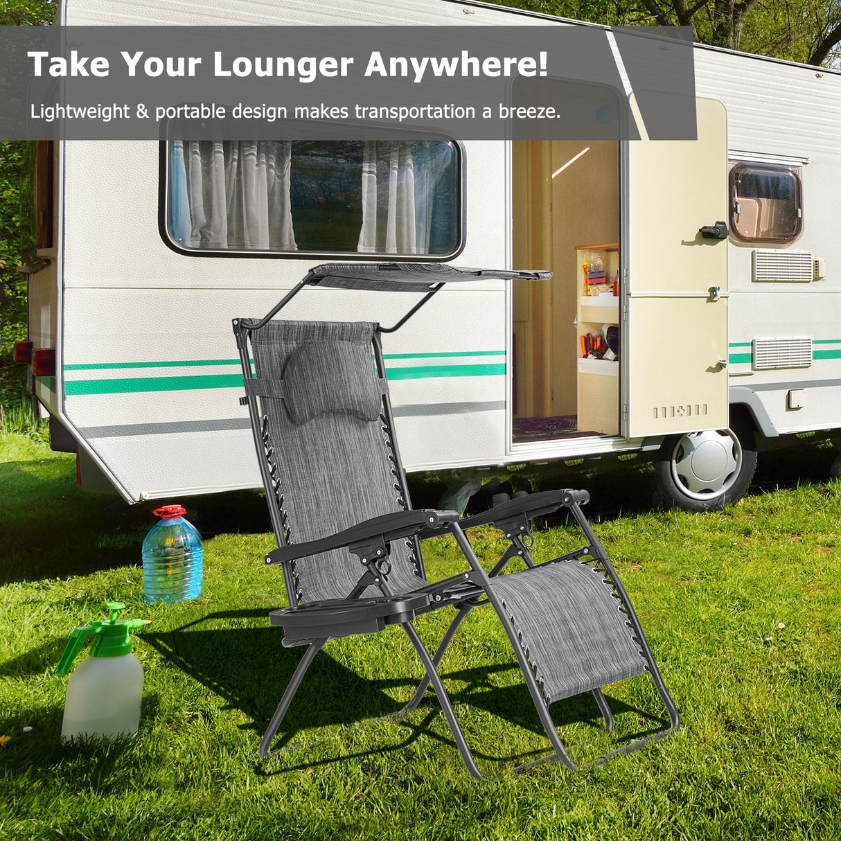 Folding Recliner Lounge Chair with Shade Canopy Cup Holder-Brown