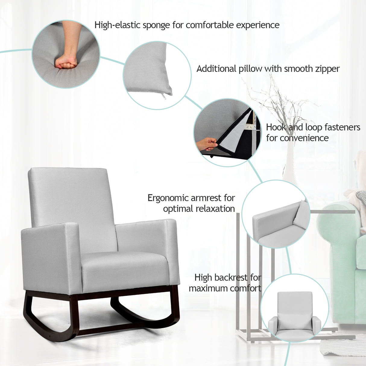 2-in-1 Fabric Upholstered Rocking Chair with Pillow-Beige