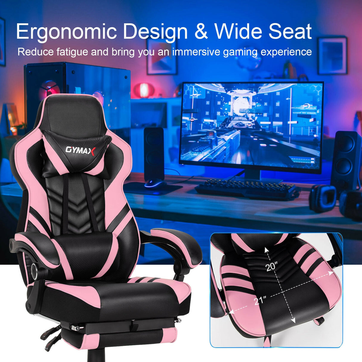 Adjustable Gaming Chair with Footrest for Home Office-Blue