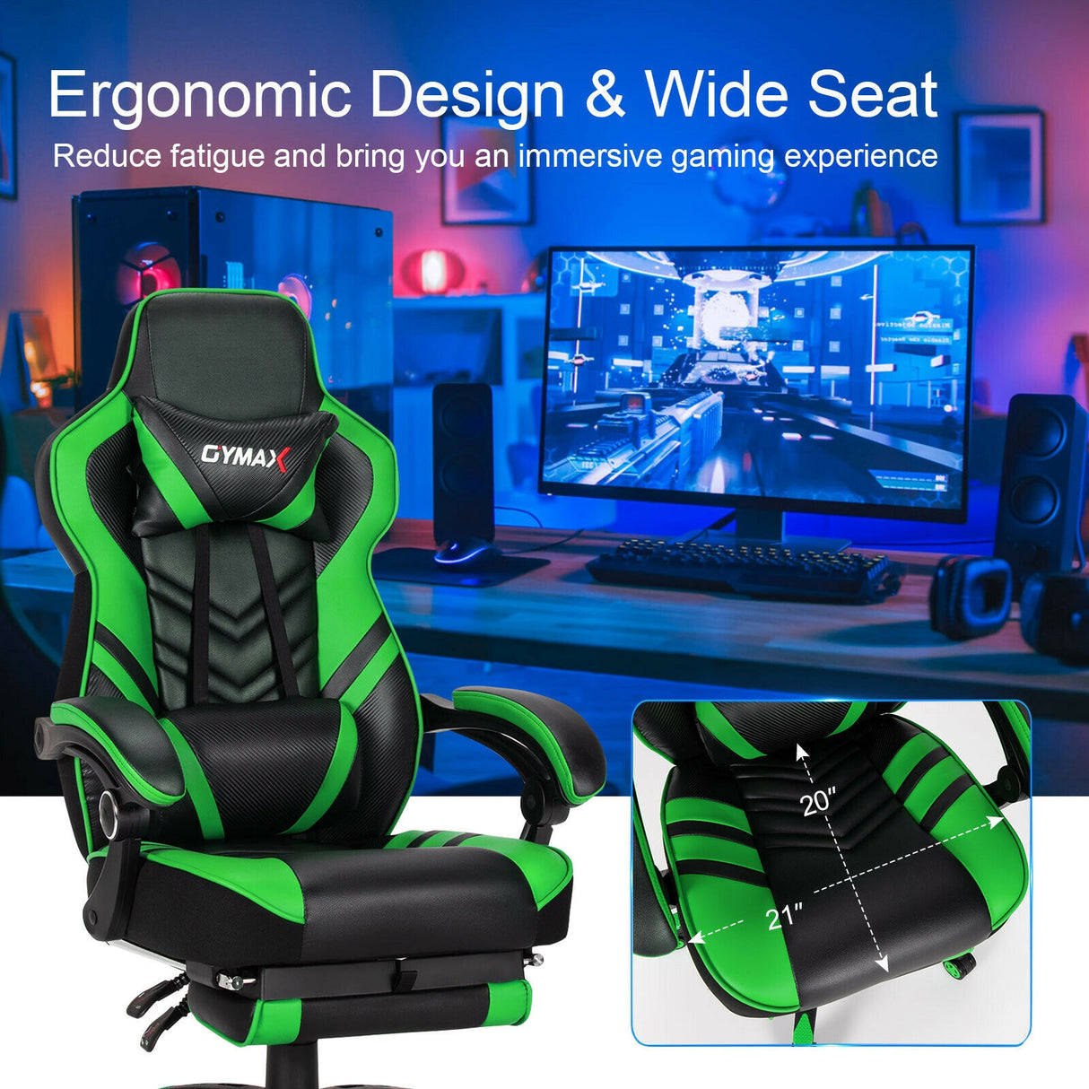 Adjustable Gaming Chair with Footrest for Home Office-Blue