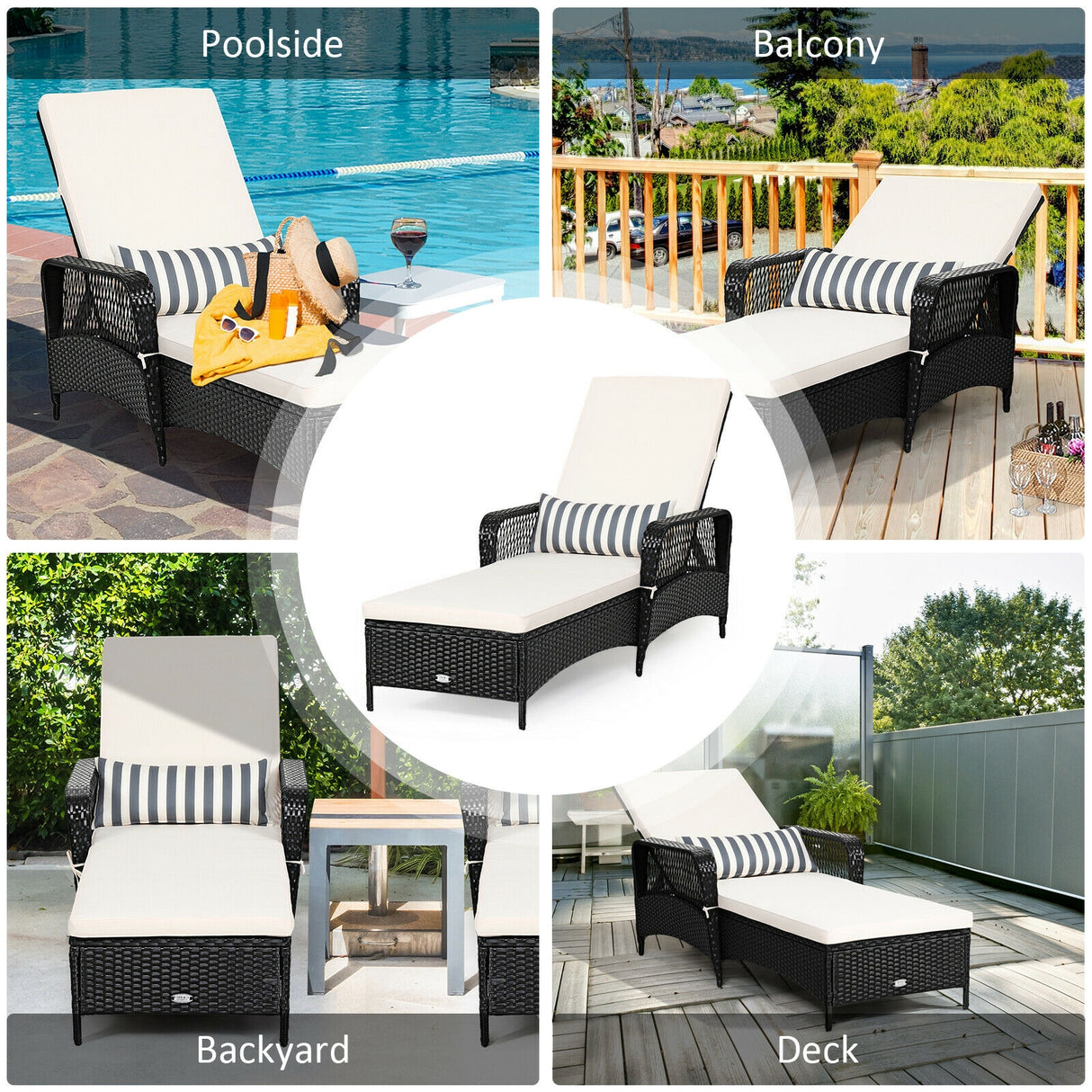 PE Rattan Armrest Chaise Lounge Chair with Adjustable Pillow-Off White