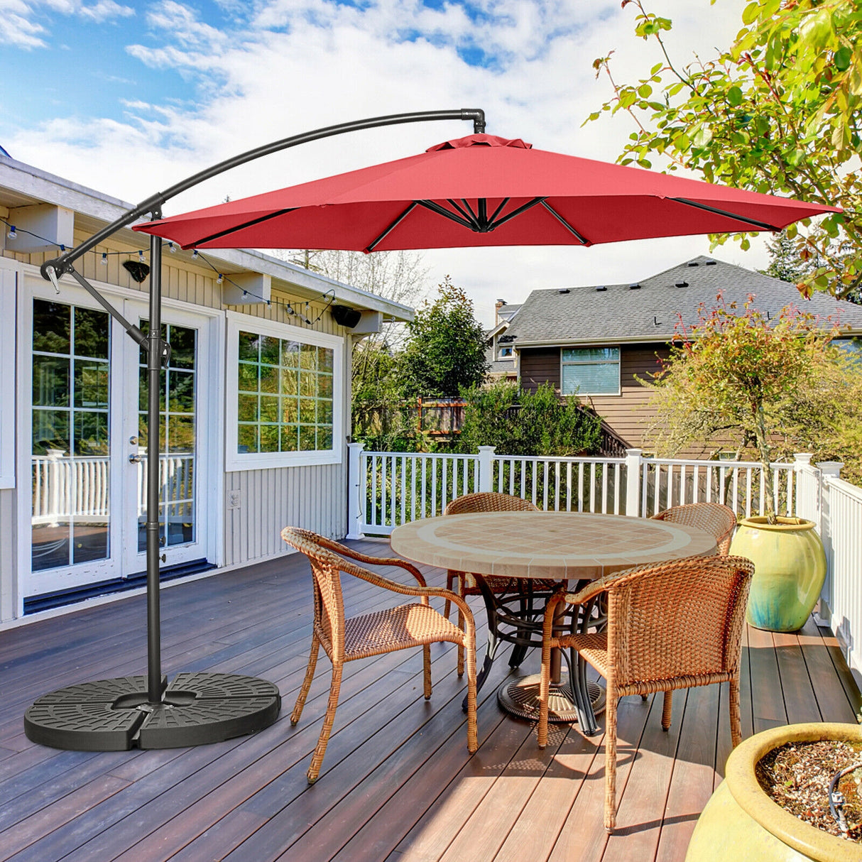 10 Feet Offset Umbrella with 8 Ribs Cantilever and Cross Base-Brown