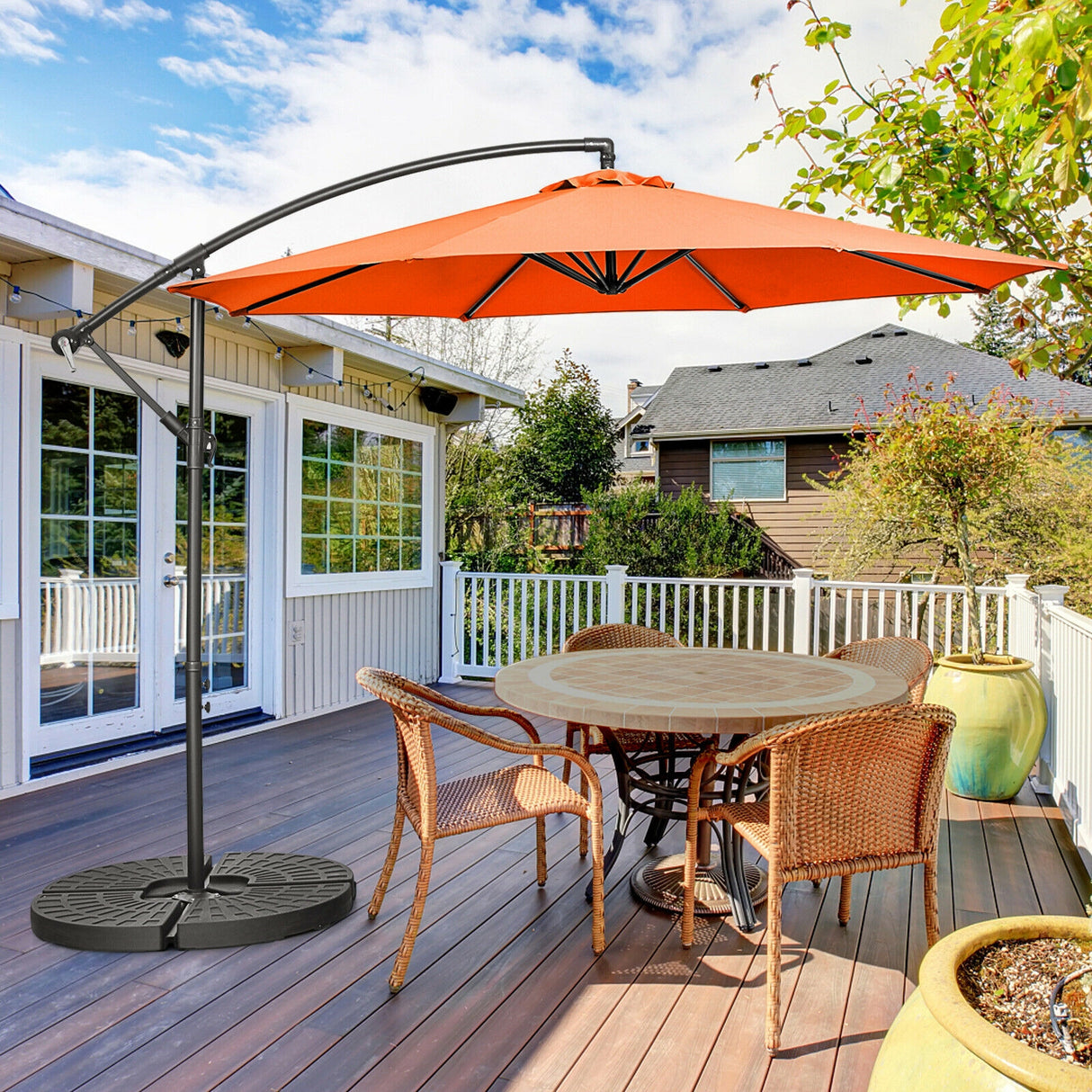 10 Feet Offset Umbrella with 8 Ribs Cantilever and Cross Base-Brown