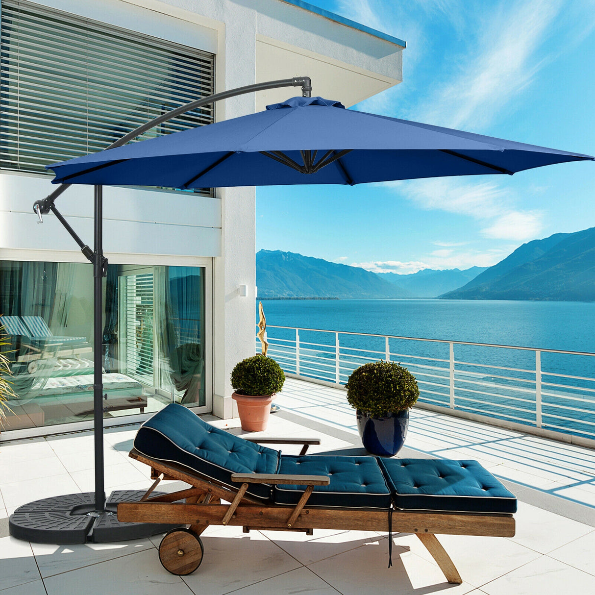 10 Feet Offset Umbrella with 8 Ribs Cantilever and Cross Base-Brown