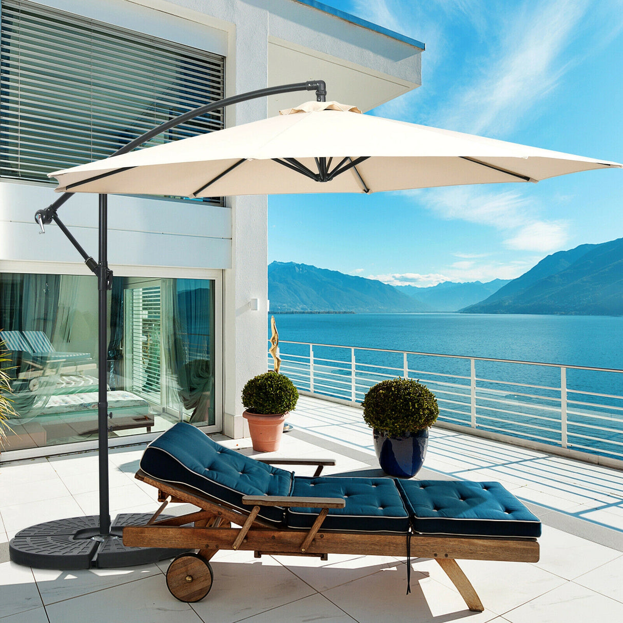 10 Feet Offset Umbrella with 8 Ribs Cantilever and Cross Base-Brown