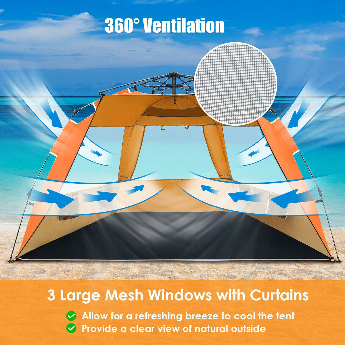 3-4 Person Easy Pop Up Beach Tent UPF 50+ Portable Sun Shelter-Orange