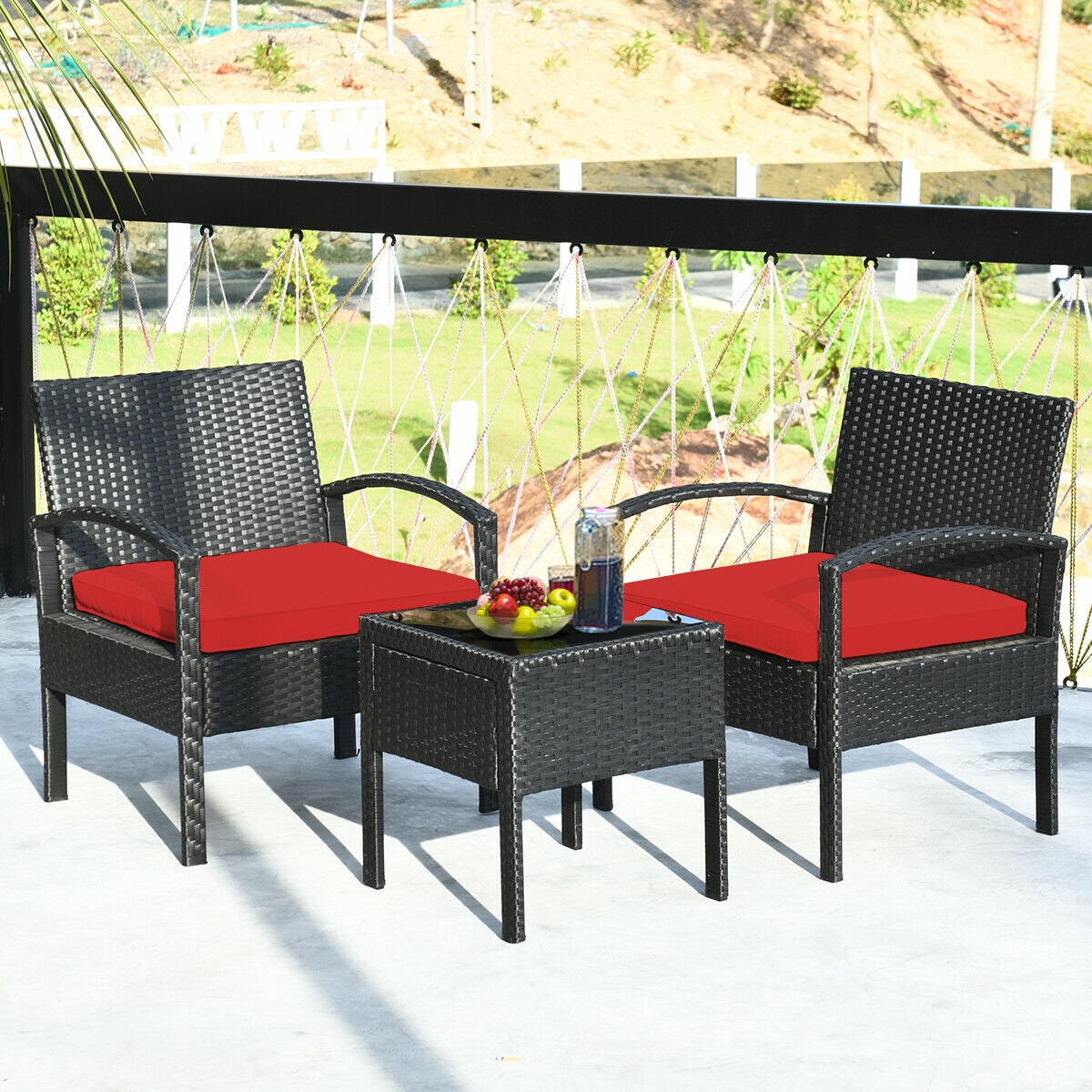 3 Pieces Outdoor Rattan Patio Conversation Set with Seat Cushions-White