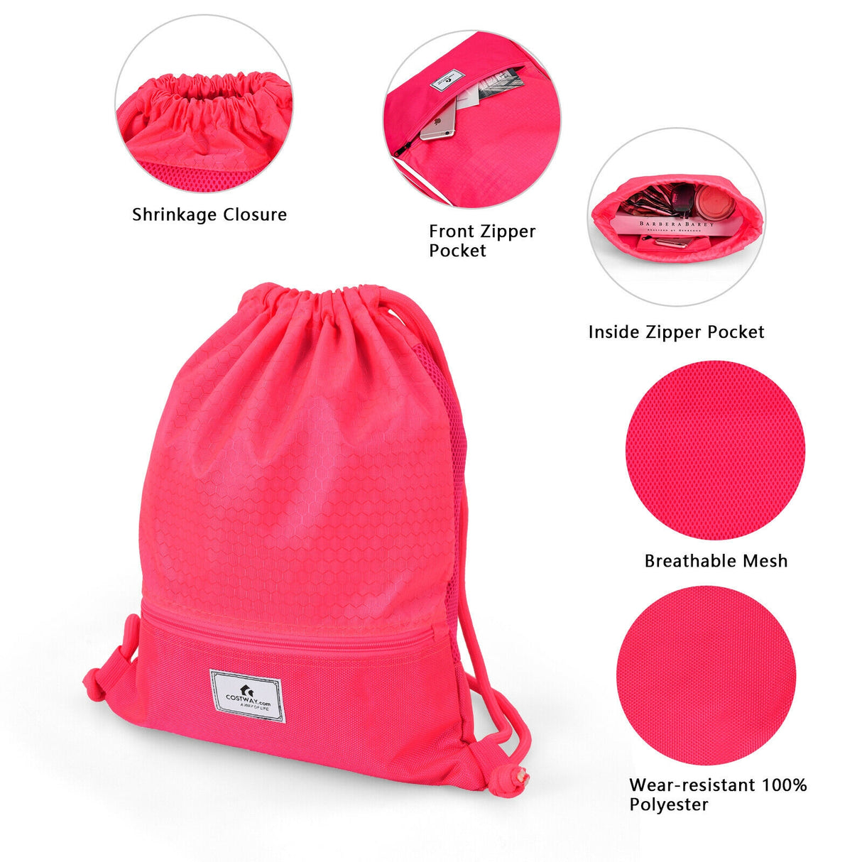 Drawstring Backpack String Bag Foldable Sports Sack with Zipper Pocket-Black