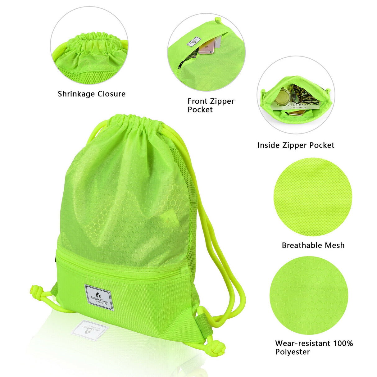 Drawstring Backpack String Bag Foldable Sports Sack with Zipper Pocket-Black