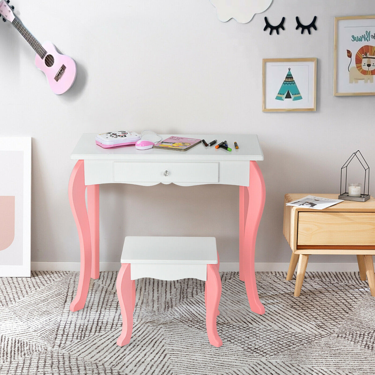Kids Vanity Princess Makeup Dressing Table Stool Set with Mirror and Drawer-Pink