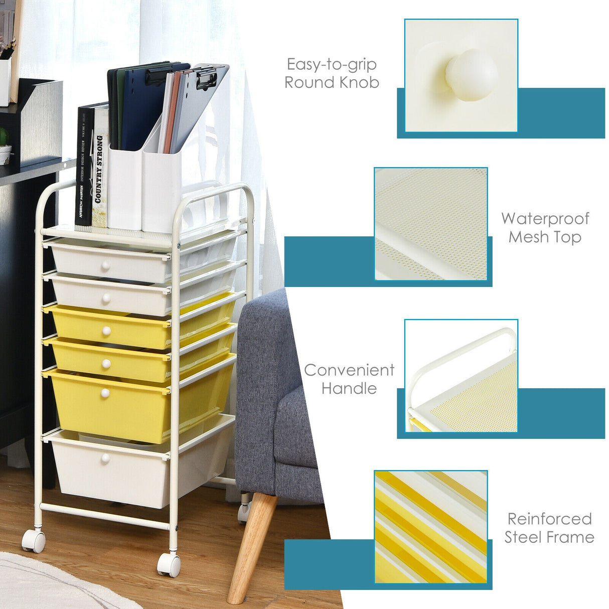6 Drawers Rolling Storage Cart Organizer-Transparent Multicolor