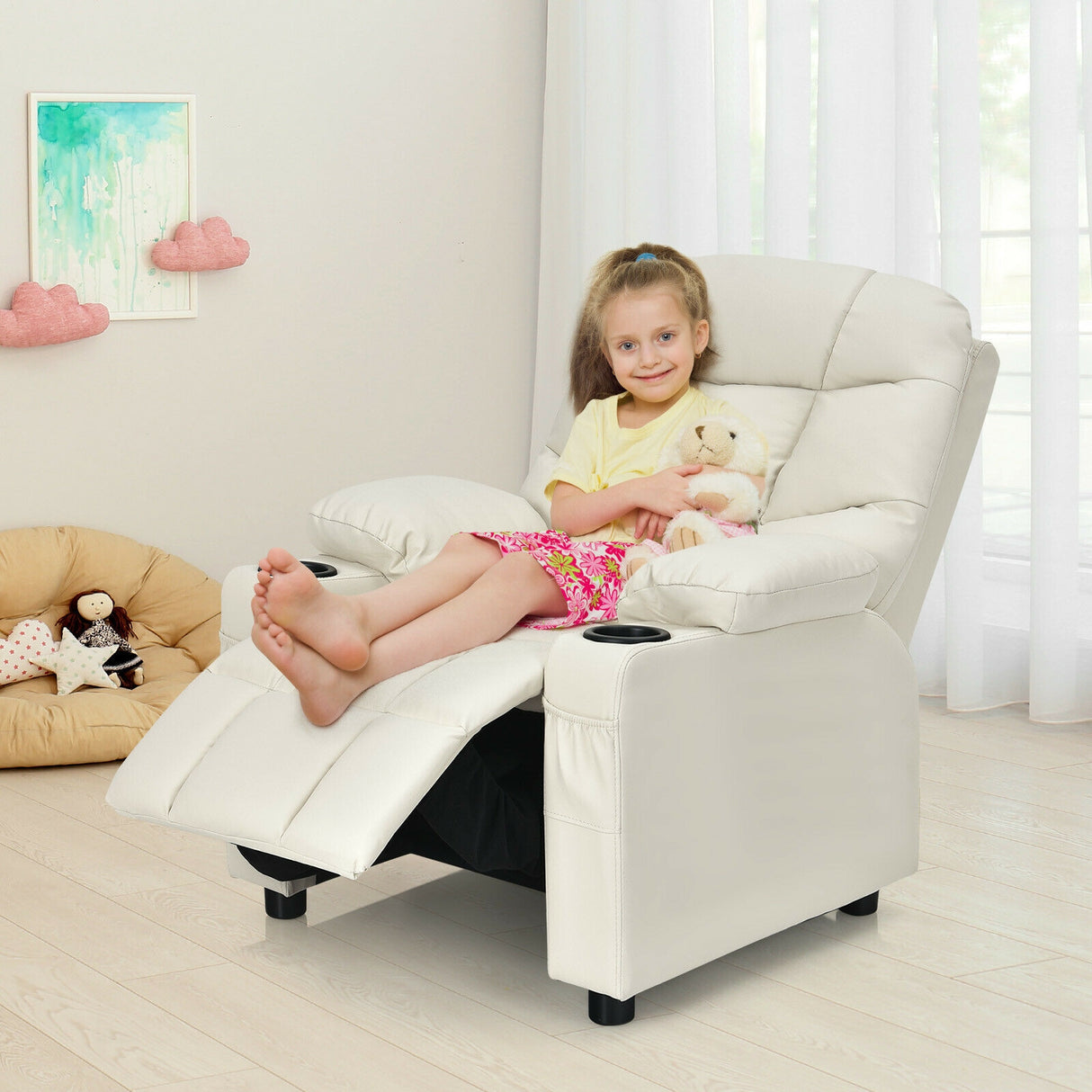 Kids Recliner Chair with Cup Holder and Footrest for Children-Blue