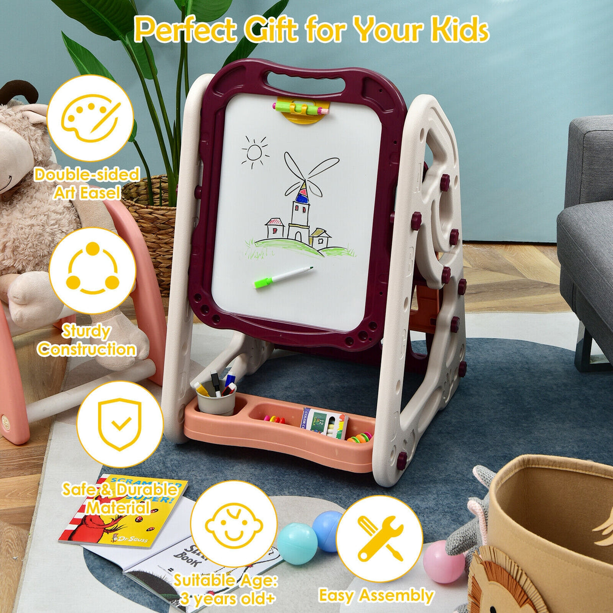 3-in-1 Kids Art Easel Double-Sided Tabletop Easel with Art Accessories-Blue