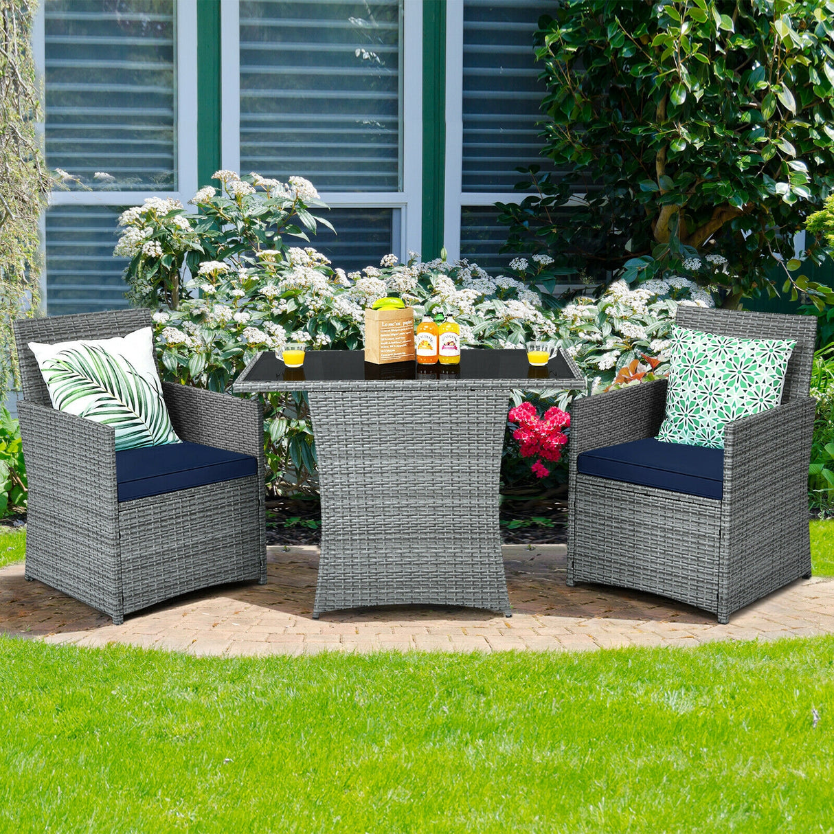 3 Pieces Patio Rattan Furniture Set with Cushioned Armrest Sofa-White