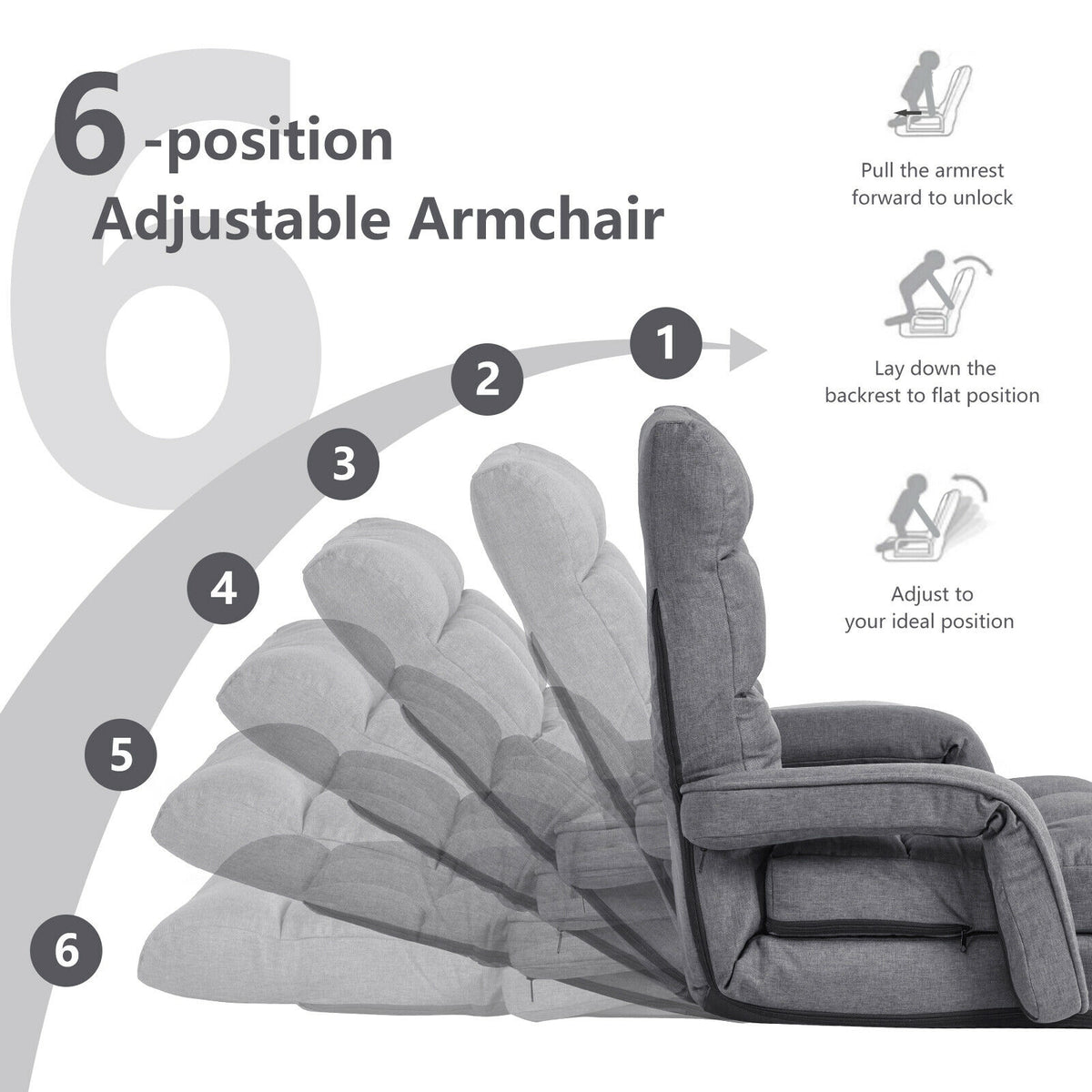 Folding Lazy Floor Chair Sofa with Armrests and Pillow-Gray