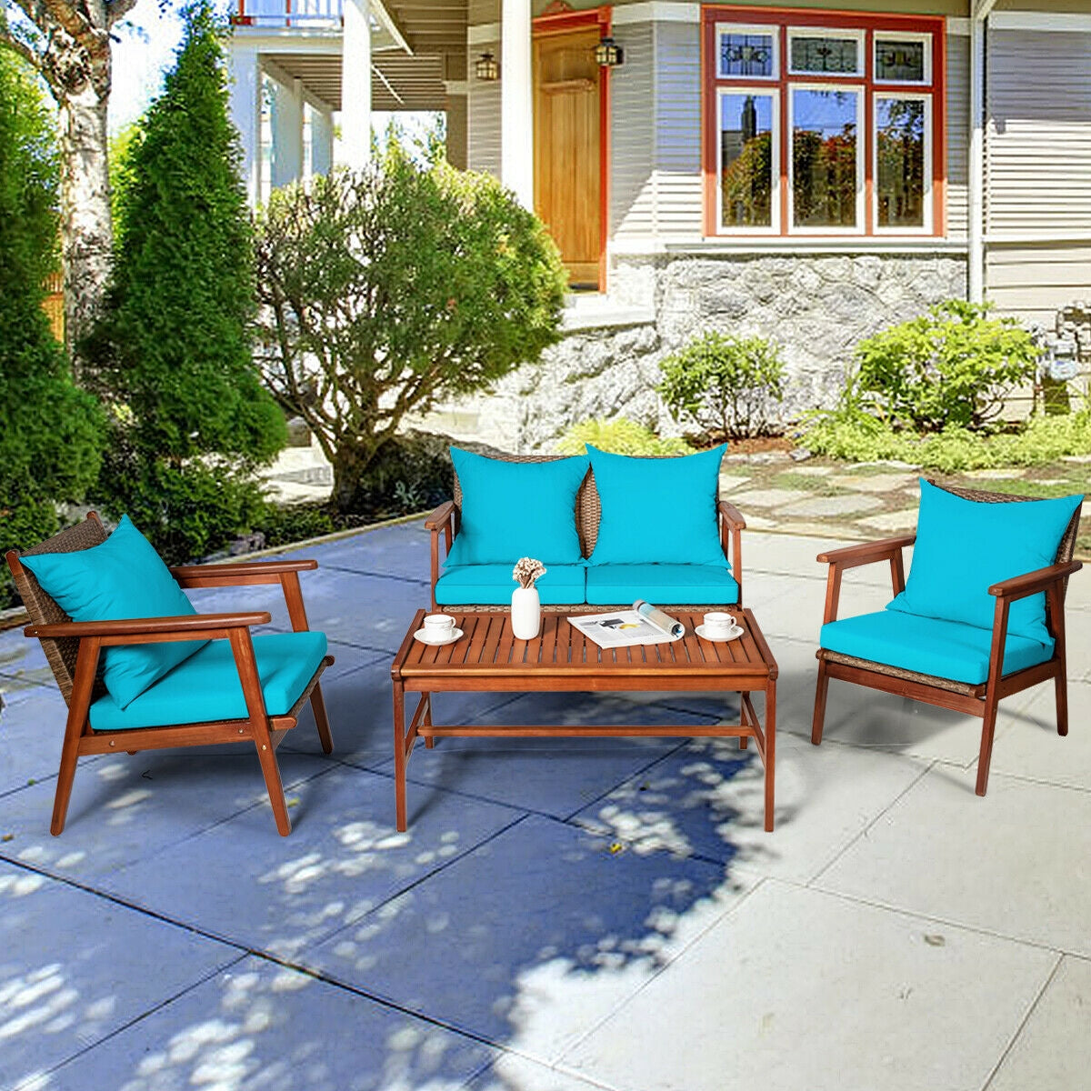 4 Pieces Acacia Wood Patio Rattan Furniture Set with Zippered Cushions-Brown