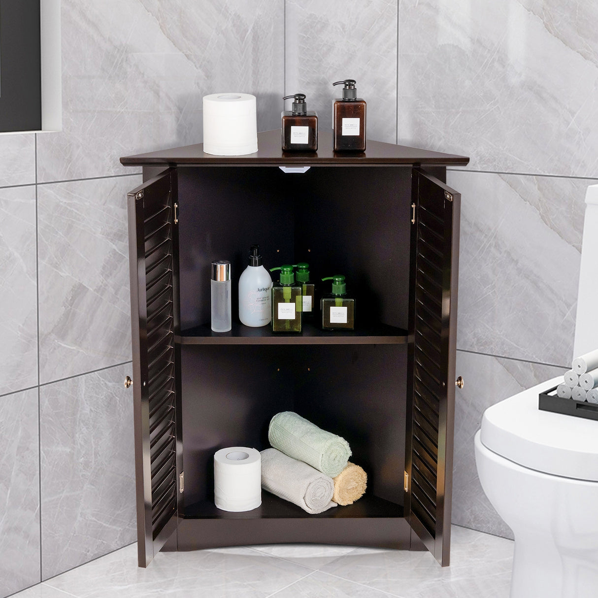Adjustable Corner Storage Cabinet with Shutter Doors-White