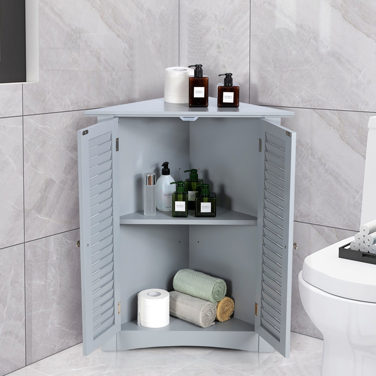 Adjustable Corner Storage Cabinet with Shutter Doors-White